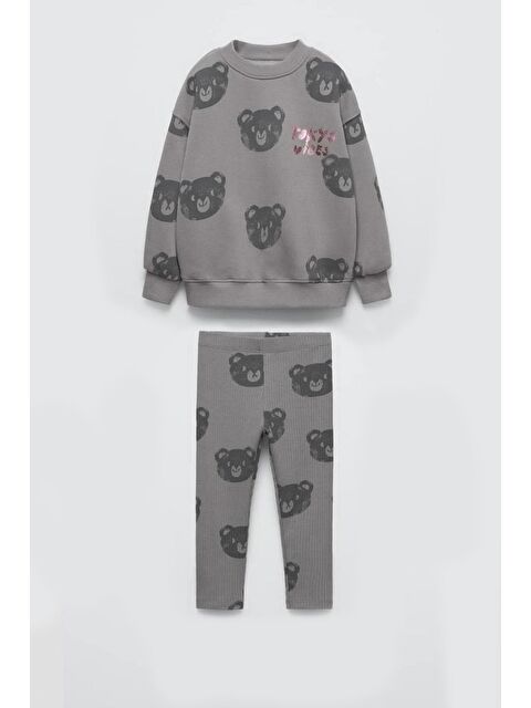 Monila Kız Çocuk Parlak Yazı Baskılı 3 İplik Kumaş Pamuklu Alt Üst Takım - S000514757-20600