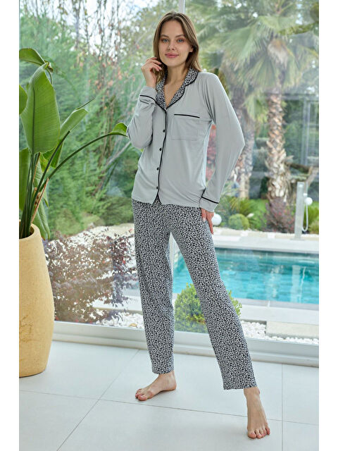 Remsa Kadın Leopar Desenli Önü Düğmeli Yumuşak Milan Kumaş Pijama Takımı 250347-2 Mint - S000510365-34927
