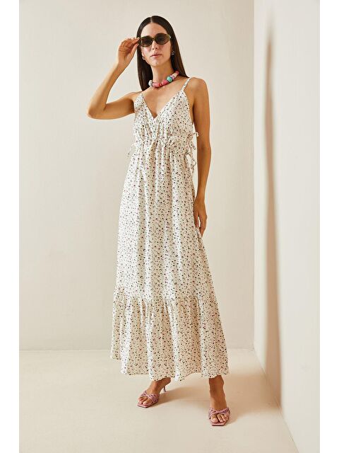 Xhan Ekru İnce Askılı Desenli Maxi Elbise 5YXK6-48877-52 - S000241830-19965
