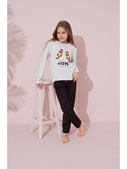 Siyah İnci Gri Baskılı Pamuklu Örme Pijama Takım 24241062 - S000245431-20600