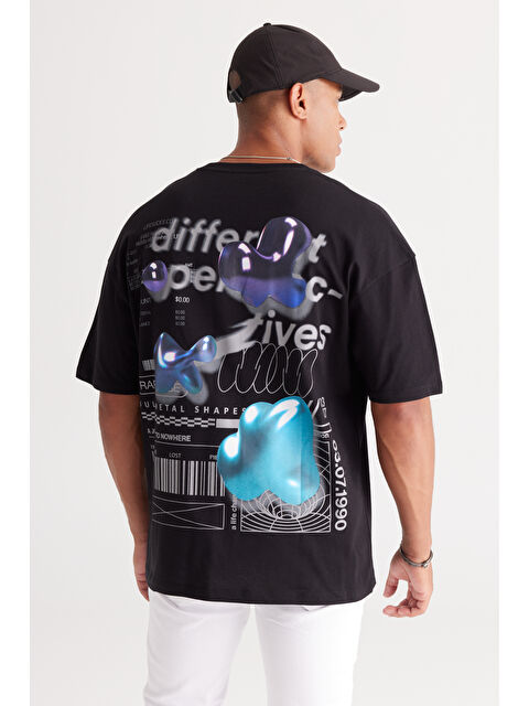 AC&Co / Altınyıldız Classics Erkek Siyah Oversize Bol Kesim Bisiklet Yaka %100 Pamuk Baskılı Tişört - S000435444-19351