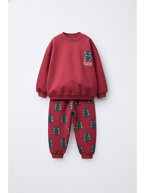 Magu Unisex Çocuk Pamuklu Bordo Yılbaşı Ağaç Desenli Eşofman Takımı – Rahat Kesim - S000484885-20045