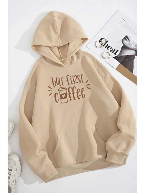 uyguntarz Unisex Oversize But First Coffee Baskılı Sweatshirt - S000267677-19928