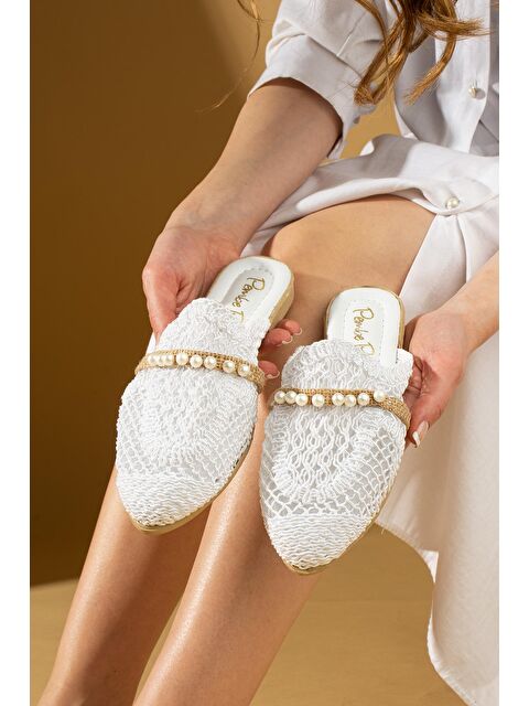 Pembe Potin Örgü Desen Dantelli İnci Taşlı Kadın Terlik 001-3-24 - S000187637-20063