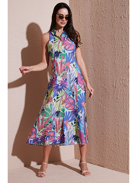 Lela Desenli Slim Fit Düğmeli Midi Boy Kadın Gömlek Elbise 6772451 - S000348229-25636