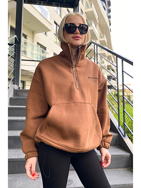 Madmext Kahverengi Fermuar Yaka Yırtmaçlı Sweatshirt Mg1903 - S000117364-19413