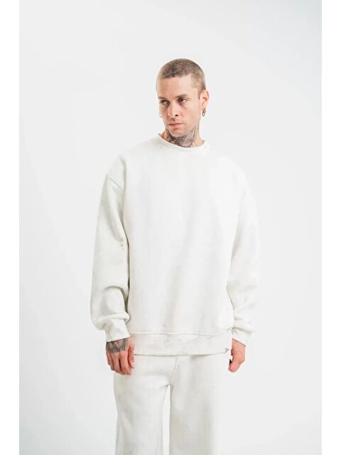 Jane's Unisex Uzun Kol Bisiklet Yaka Yıkamalı Sweatshirt - Beyaz