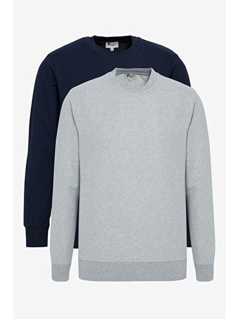 AC&Co / Altınyıldız Classics Erkek Lacivert-Gri Melanj 2'li Paket Pamuklu Standart Fit Normal Kesim Bisiklet Yaka Sweatshirt - S000394287-37346
