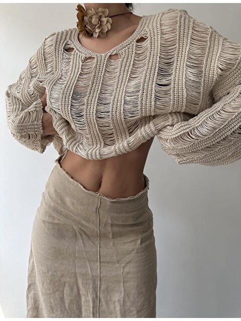 Bohemai Ajur Bej Organik Triko Crop - S000243579-19928