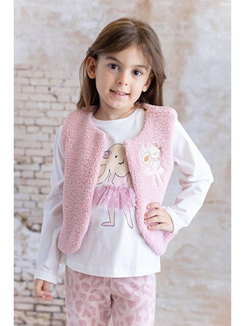 MİNİNİO Kız Bebek Tavşan Nakışlı Pelüş Yelek   Pembe - S000325927-20024