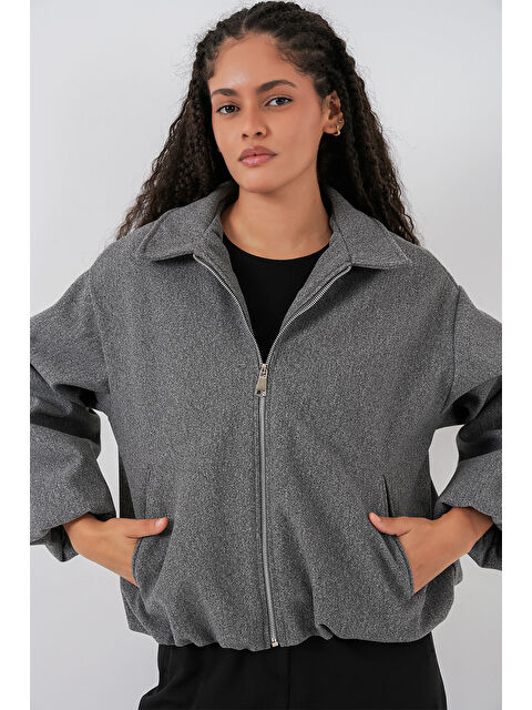 Bigdart Kadın Büzgülü Oversize Kaşe Ceket 0728 - Gri - S000448691-20600