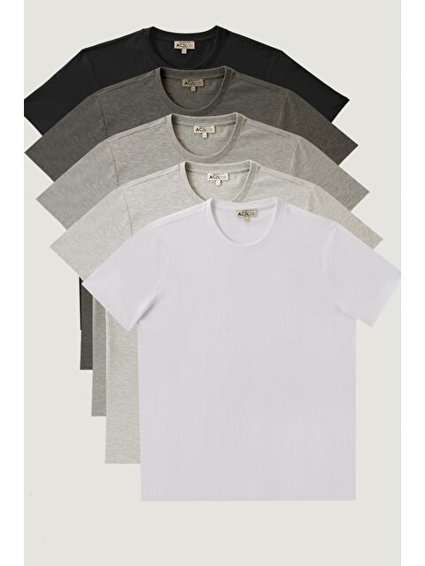 AC&Co / Altınyıldız Classics Erkek Beyaz-Gri Melanj-Koyu Gri-Antrasit-Siyah Slim Fit Dar Kesim Bisiklet Yaka 5'li Tişört Paketi - S000396689-37227
