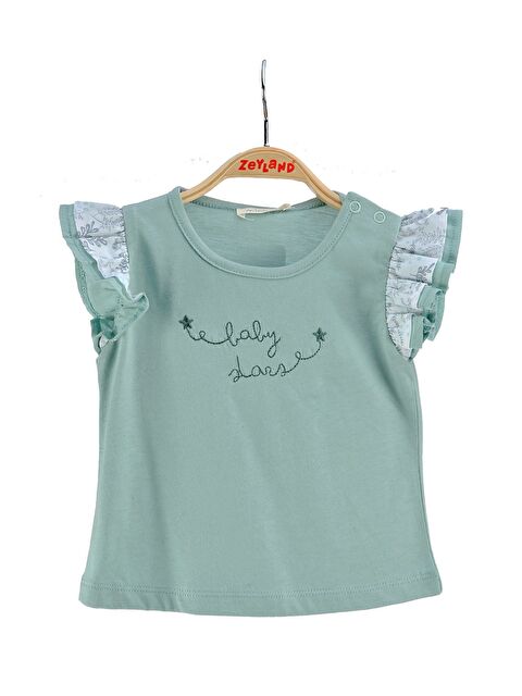 MİNİNİO Kız Bebek Yeşil Fırfırlı Baskılı Tişört (6Ay-4Yaş) - S000325936-18194