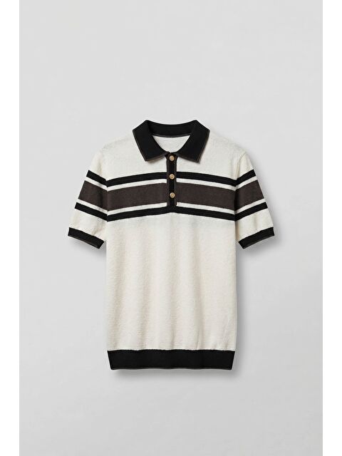 Abluka Online Erkek Regular Fit Çizgili Havlu Triko Polo Yaka T-Shirt Ekru Kahverengi