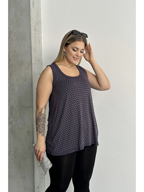 Stil Diva Büyük Beden Sıfır Kol Önü Taş İşlemeli Bisiklet Yaka Bluz 321850 - S000320633-20600