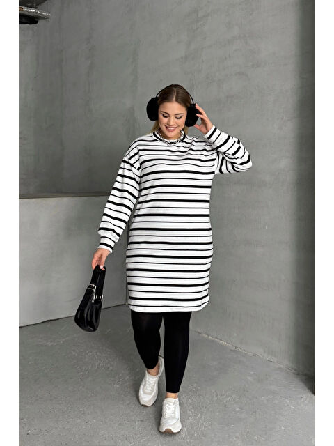 Stil Diva Büyük Beden Bisiklet Yaka Uzun Kollu Bileği Lastikli Çizgili Elbise 303062 - S000320634-37246