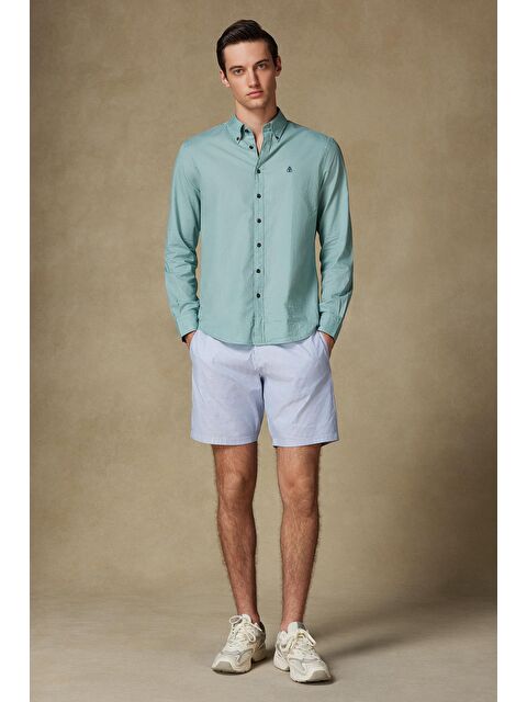 ABBATE Sky Oxford Stretch Pamuk Karışımlı Comfort Fit Koyu Mavi Erkek Çizgili Şort - S000437522-19393