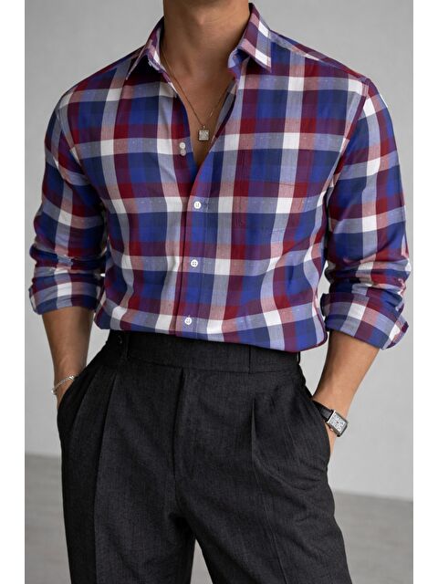 Tarz Cool Erkek Ekose Gömlek Slim Fit Pamuklu Uzun Kollu Günlük Gömlek