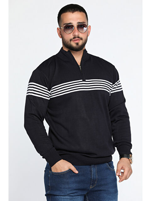 Mishar İtalia Erkek Yarım Balıkçı Fermuarlı Çizgili Triko Kazak - S000300527-21164