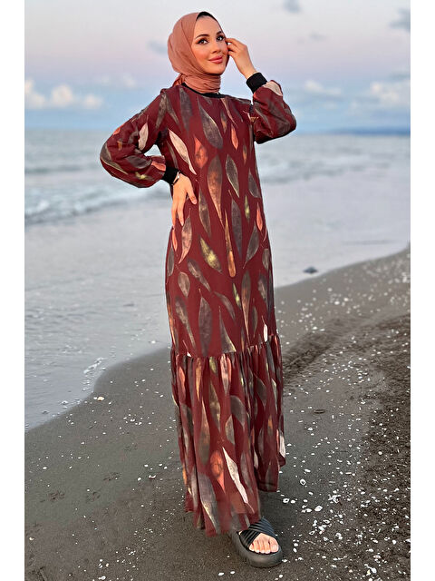 Julude Tesettür Desenli Kol Ribanalı Şifon Elbise - S000289786-19413