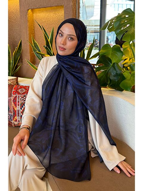Lamelif Etnik Desen Ferah Şal Lacivert