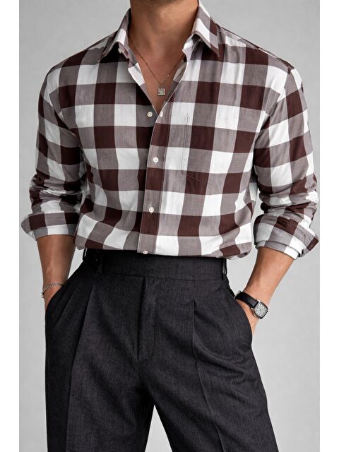 Tarz Cool Erkek Ekose Gömlek Slim Fit Pamuklu Uzun Kollu Günlük Gömlek