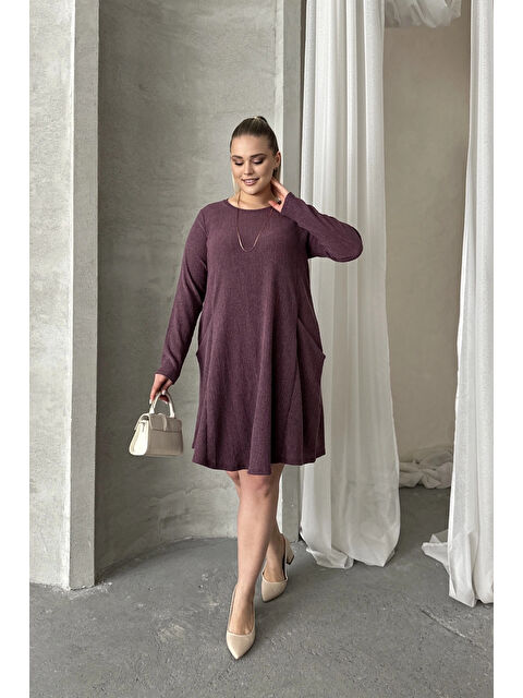 Stil Diva Büyük Beden Uzun Kollu Bisiklet Yaka Cepli Fitilli Elbise 100-186 - S000350405-20042