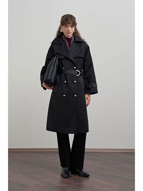 ALLDAY Siyah-Kruvaze Rüzgarlıklı Uzun Trençkot - S000495901-19351