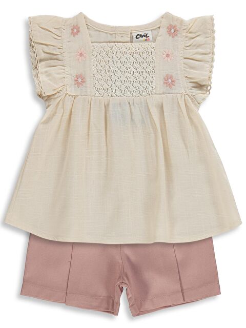 Civil Baby Yaka Çiçek Nakışlı 6-18 Ay Takım - Bej
