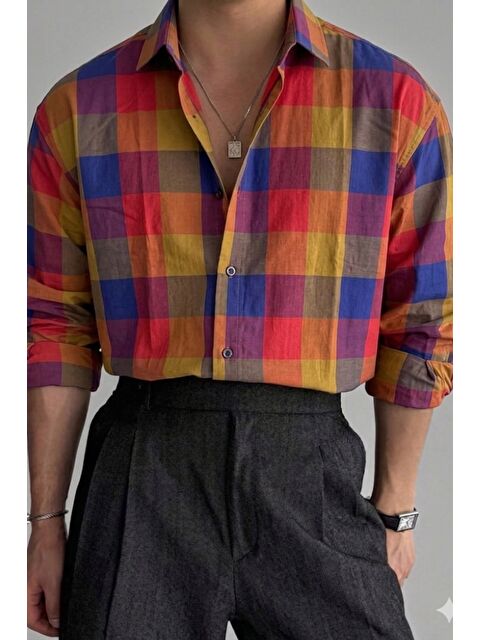 Tarz Cool Erkek Ekose Gömlek Slim Fit Pamuklu Uzun Kollu Günlük Gömlek