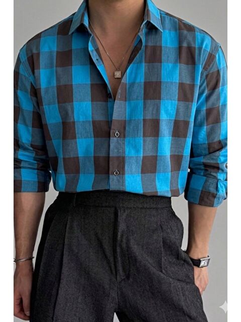 Tarz Cool Erkek Ekose Gömlek Slim Fit Pamuklu Uzun Kollu Günlük Gömlek