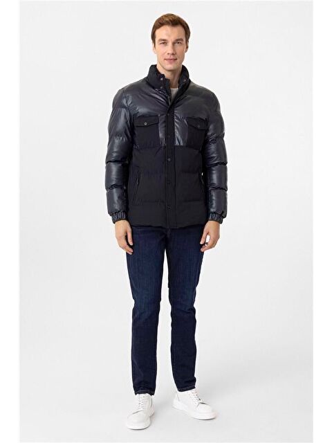 Süvari Lacivert Slim Kapitone Dik Yaka Mont - S000461339-21164