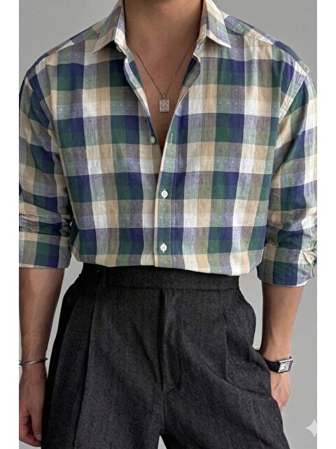 Tarz Cool Erkek Ekose Gömlek Slim Fit Pamuklu Uzun Kollu Günlük Gömlek