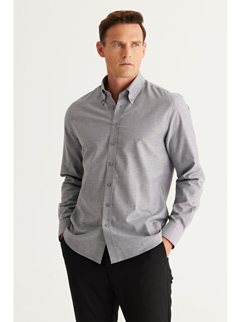 Altınyıldız Classics Erkek Gri Slim Fit Dar Kesim Düğmeli Yaka %100 Pamuk Oxford Gömlek - S000402594-20600