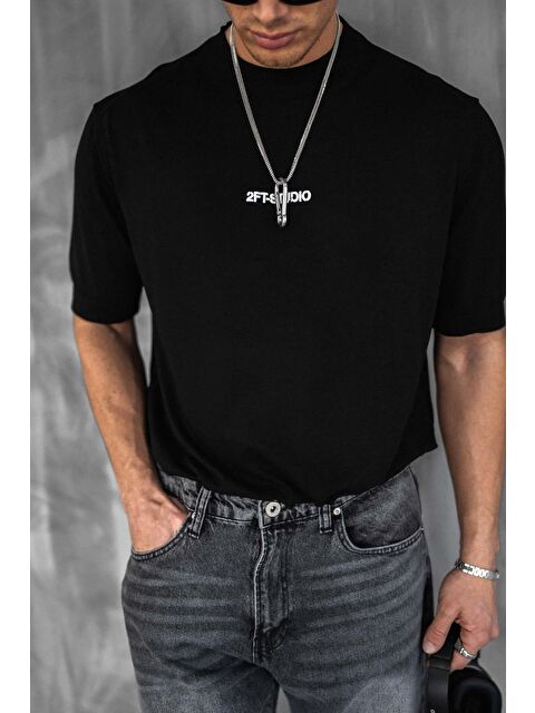 Abluka Online Erkek Kabartma Baskılı Esnek Regular Fit Triko Tişört Siyah - S000365686-19351