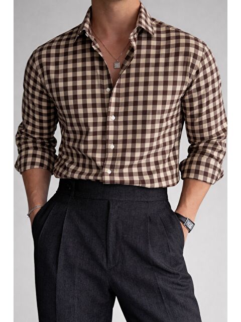 Tarz Cool Erkek Ekose Gömlek Slim Fit Pamuklu Uzun Kollu Günlük Gömlek