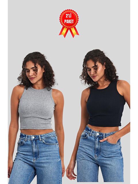 Mmetalic Kadın Siyah-Beyaz Fitilli Görünümlü Askılı Kalın Esnek Örme 2'li Basic Crop Atlet Bluz - S000231299-37281