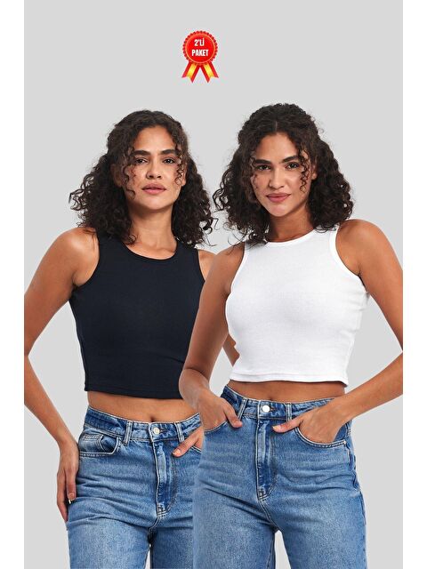 Mmetalic Kadın Siyah-Beyaz Fitilli Görünümlü Askılı Kalın Esnek Örme 2'li Basic Crop Atlet Bluz - S000231299-37424