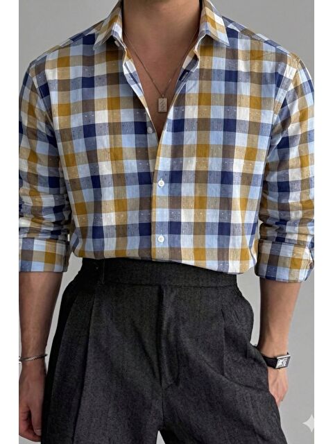 Tarz Cool Erkek Ekose Gömlek Slim Fit Pamuklu Uzun Kollu Günlük Gömlek