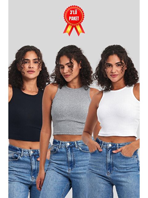 Mmetalic Kadın Siyah-Beyaz-Gri Fitilli Görünümlü Askılı Kalın Esnek Örme 3'lü Basic Crop Atlet Bluz - S000231299-3455