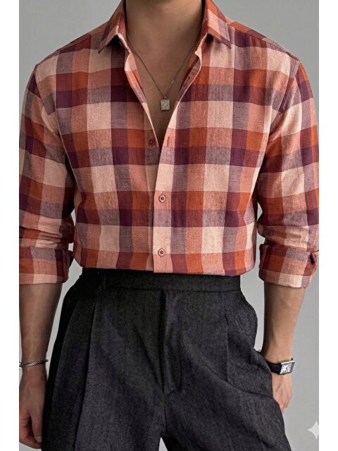 Tarz Cool Erkek Ekose Gömlek Slim Fit Pamuklu Uzun Kollu Günlük Gömlek