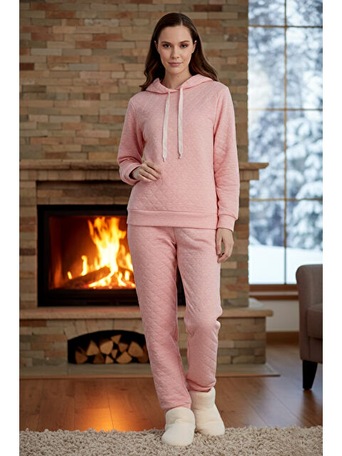 Remsa Kadın Kapüşonlu Uzun Kol Kalın Kumaş Pijama Takımı 240430 Pembe03 - S000464664-37551