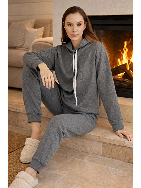 Remsa Kadın Kapüşonlu Uzun Kol Kalın Kumaş Pijama Takımı 240436 Gri01 - S000464664-1160