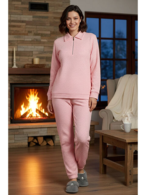 Remsa Kadın Uzun Kol Fermuar Detay Petek Dokuma Pijama Takımı 240441 Pembe02 - S000464664-20022
