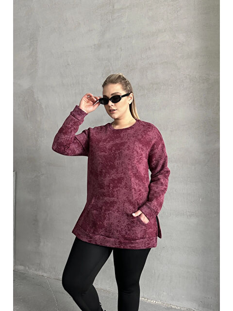 Stil Diva Büyük Beden Uzun Kollu Bisiklet Yaka Önü Cepli Desenli Sweatshirt 106-78 - S000350406-20042