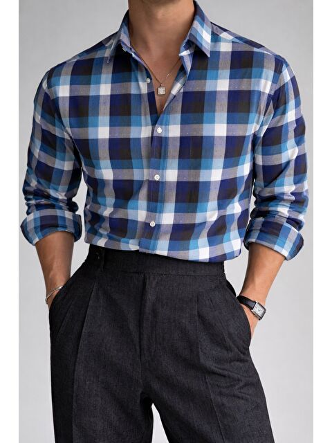 Tarz Cool Erkek Ekose Gömlek Slim Fit Pamuklu Uzun Kollu Günlük Gömlek