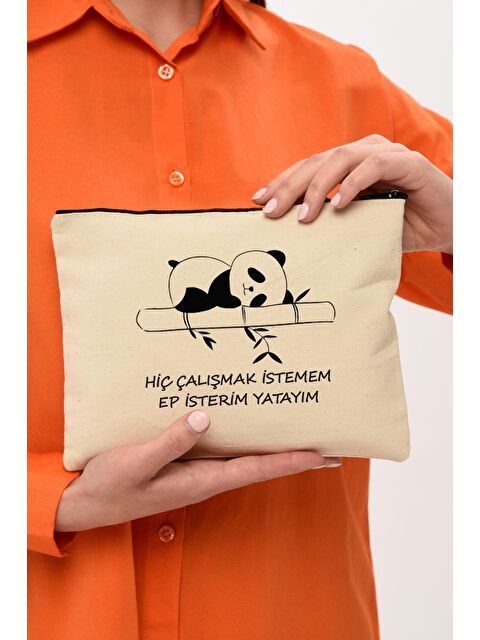 Bagg Clutch Çalışmak İstemem Baskılı Kanvas Makyaj Çantası - S000154849-19966