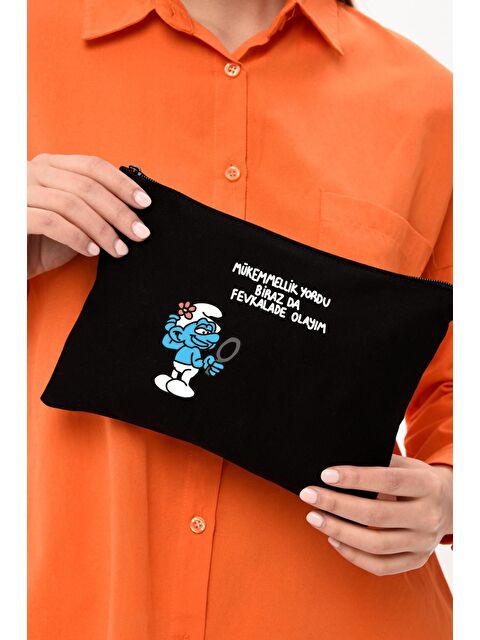 Bagg Clutch Mükemmel Şirin Baskılı SİYAH Kanvas Makyaj Çantası - S000154833-19351