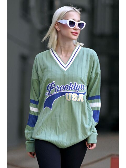 Madmext Mint Yeşili V Yaka Nakışlı Kadın Kazak Mg1279 - S000121217-17259