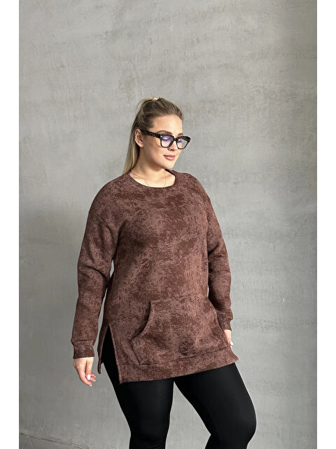 Stil Diva Büyük Beden Uzun Kollu Bisiklet Yaka Önü Cepli Desenli Sweatshirt 106-79 - S000350407-19413